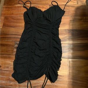 Windsor Black Ruched Bodycon Mini Dress Spaghetti Strap Adjustable  (0836)
